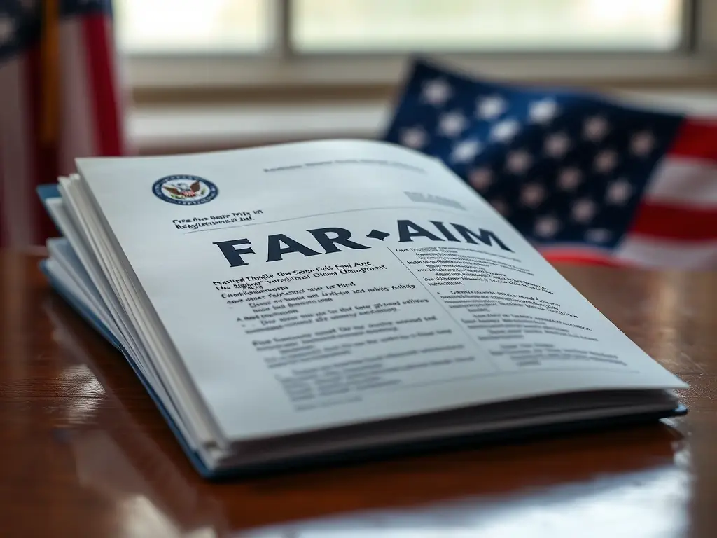 An image of the FAA's FAR/AIM document, with the American flag subtly visible in the background, symbolizing US aviation regulations.