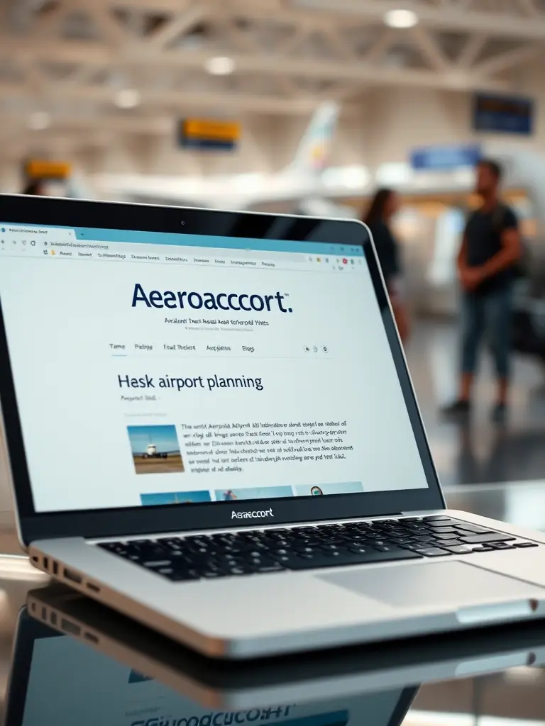 A close-up shot of a laptop displaying the Aeroaccord blog page, showcasing a recent article on airport planning, with a blurred background of an airport terminal.