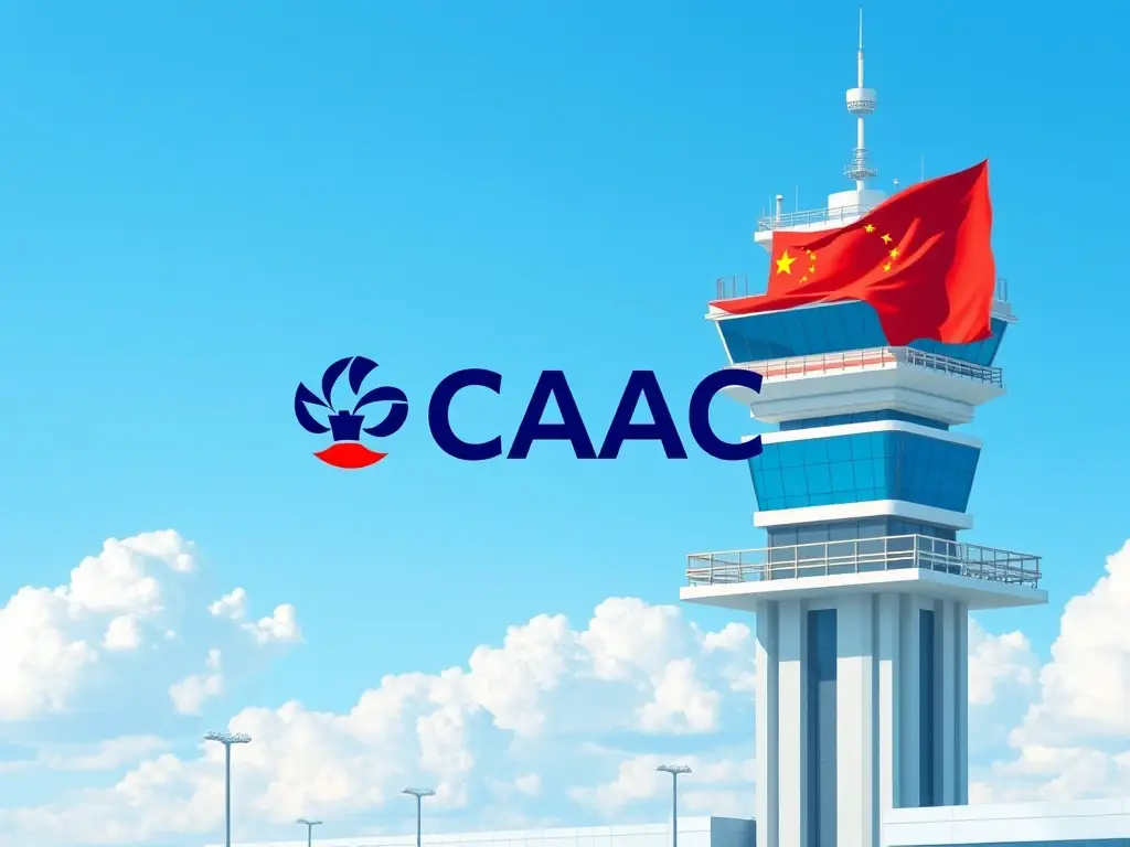 A digital illustration of the CAAC logo superimposed on a stylized image of a Chinese airport control tower, representing Chinese aviation standards.