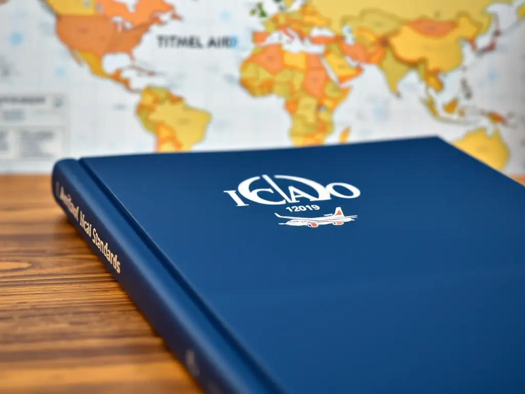 A close-up shot of the ICAO document cover, highlighting the organization's logo and the document title, set against a backdrop of a world map.