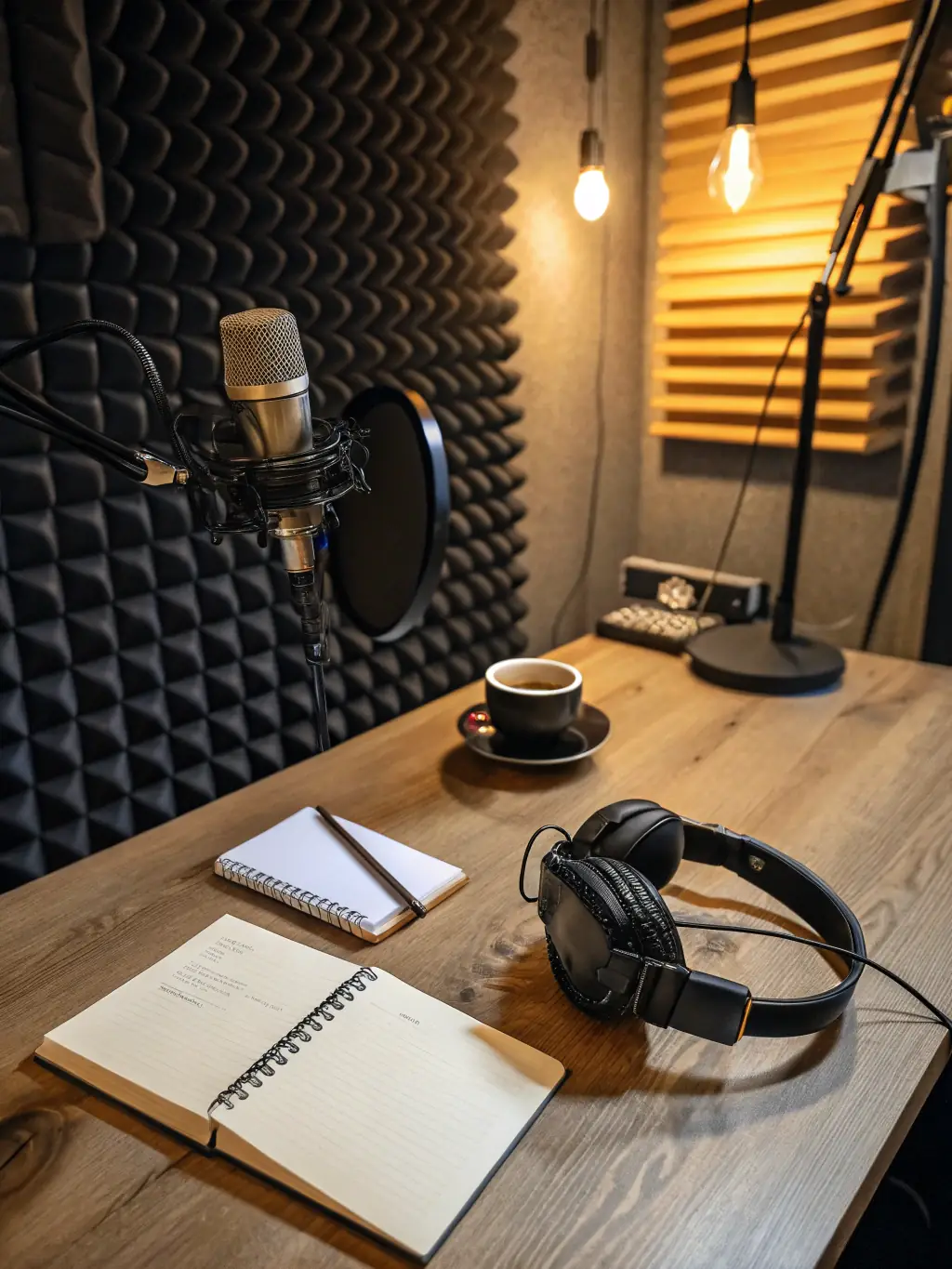 A microphone with headphones in a professional recording studio, with the Aeroaccord logo subtly displayed in the background, representing the Aeroaccord podcast.