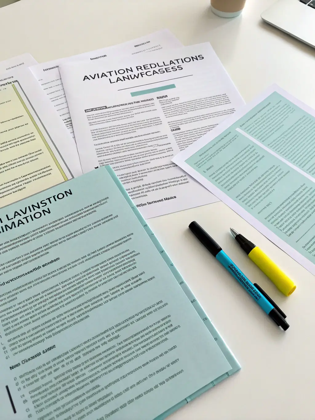A stack of neatly organized documents and aviation manuals, with the FAA, ICAO, and CAAC logos subtly visible, representing the resources available on Aeroaccord.